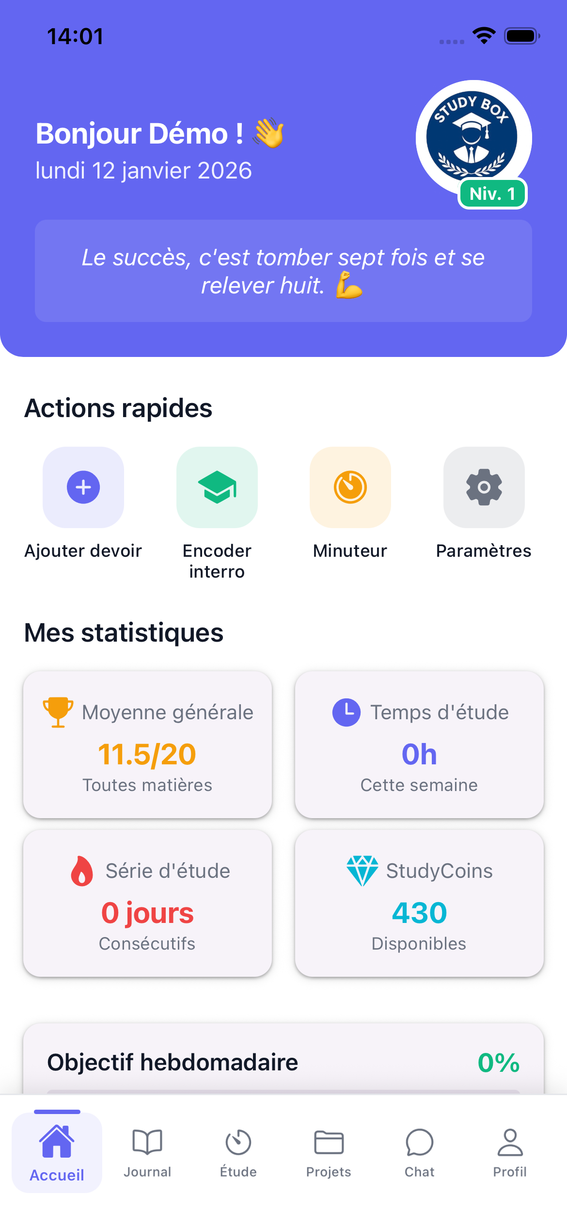 Interface de l'application StudyBox